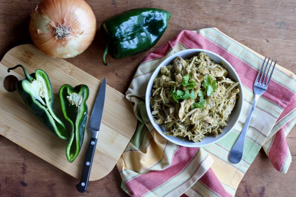 Dinner made EASY! Let this 6 Ingredient Slow Cooker Poblano Chicken be the solution to the question, "What's for dinner?” @cookinRD | sarahaasrdn.com