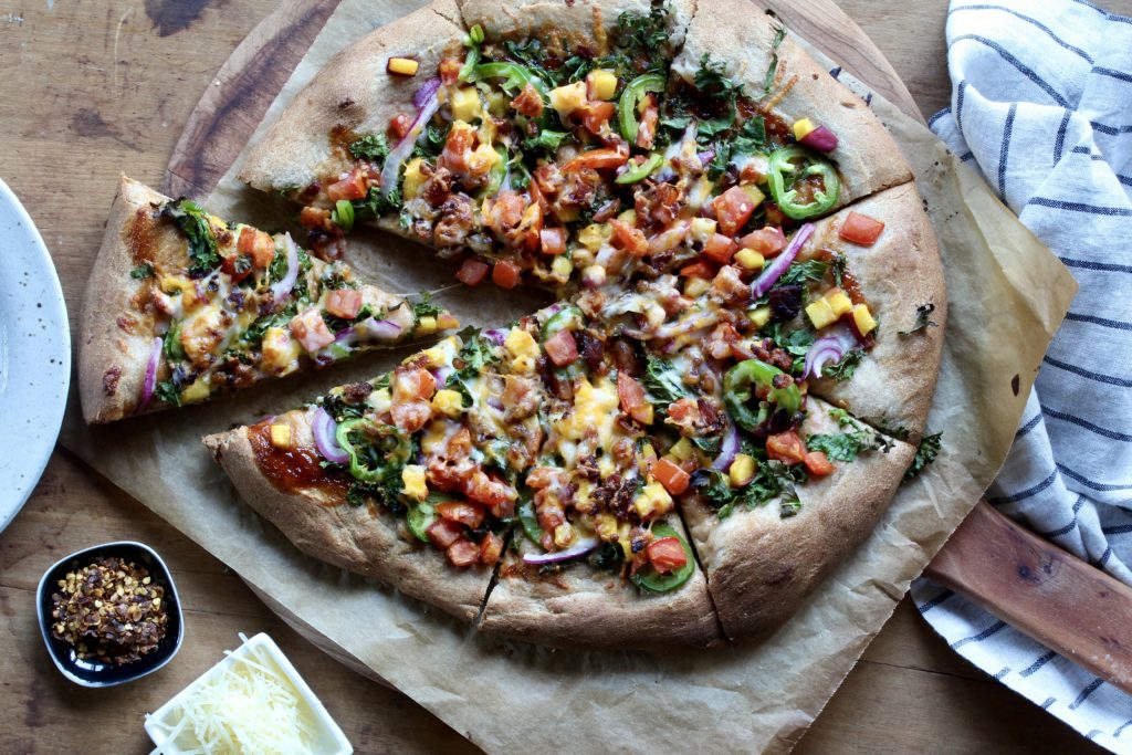 Bacon Kale Peach BBQ Pizza | sarahaasrdn.com