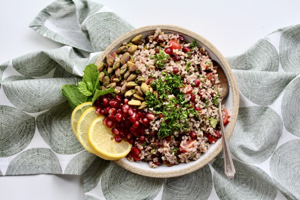 Pistachio Pomegranate Tahini Tabbouleh | sarahaasrdn.com